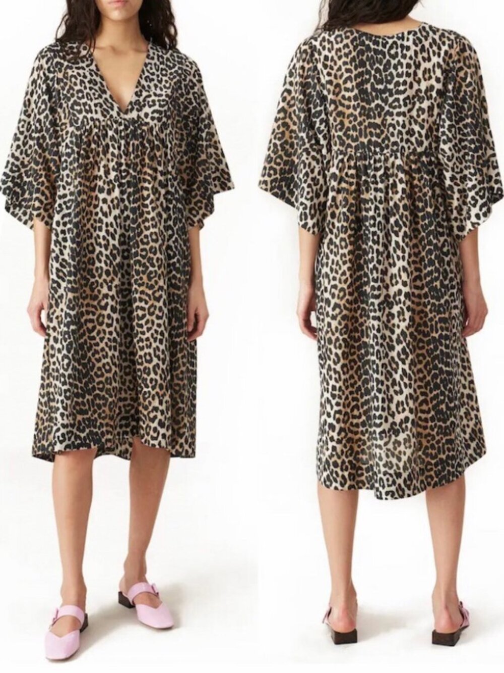 Ganni Leopard Printed Short Sleeve Cotton Silk Midi Dress